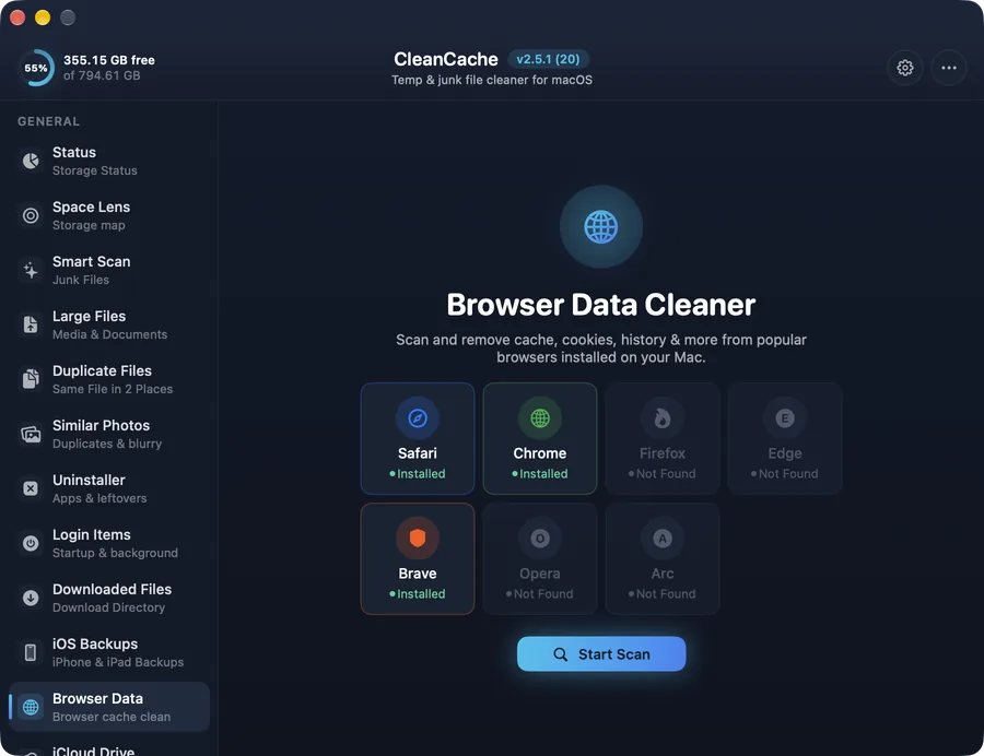 Browser Data in CleanCache — Cache, cookies and history for every browser you have installed.