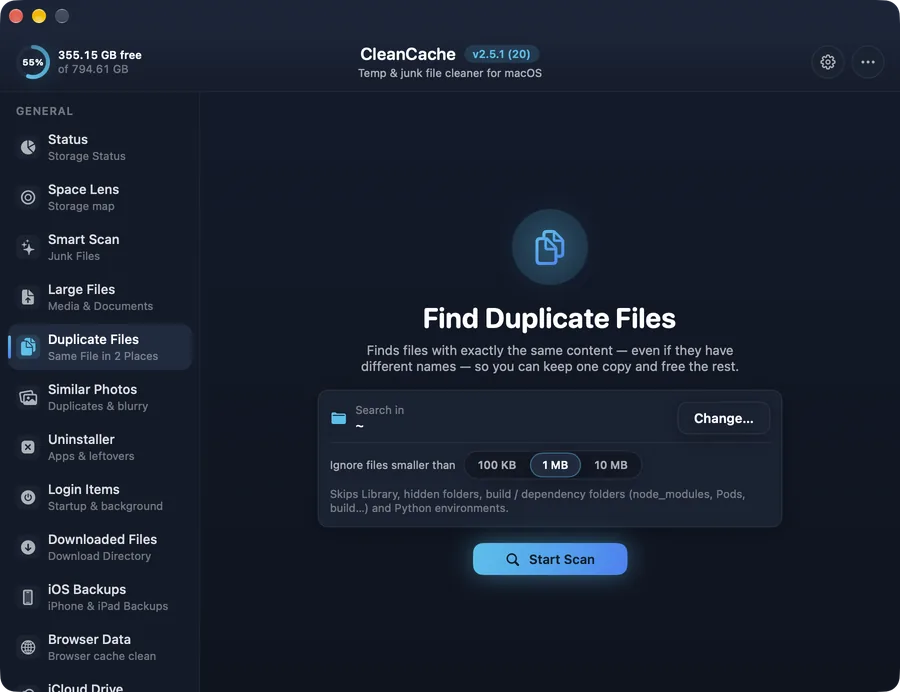 Duplicate Finder in CleanCache — Finds byte-for-byte identical files — even with different names.