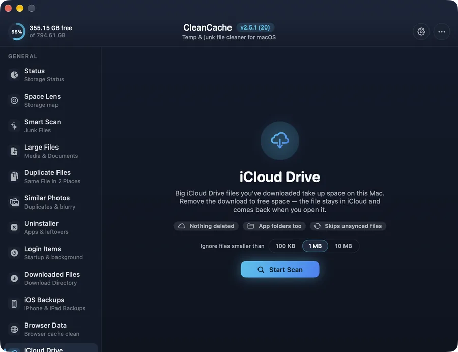 iCloud Drive in CleanCache for Mac