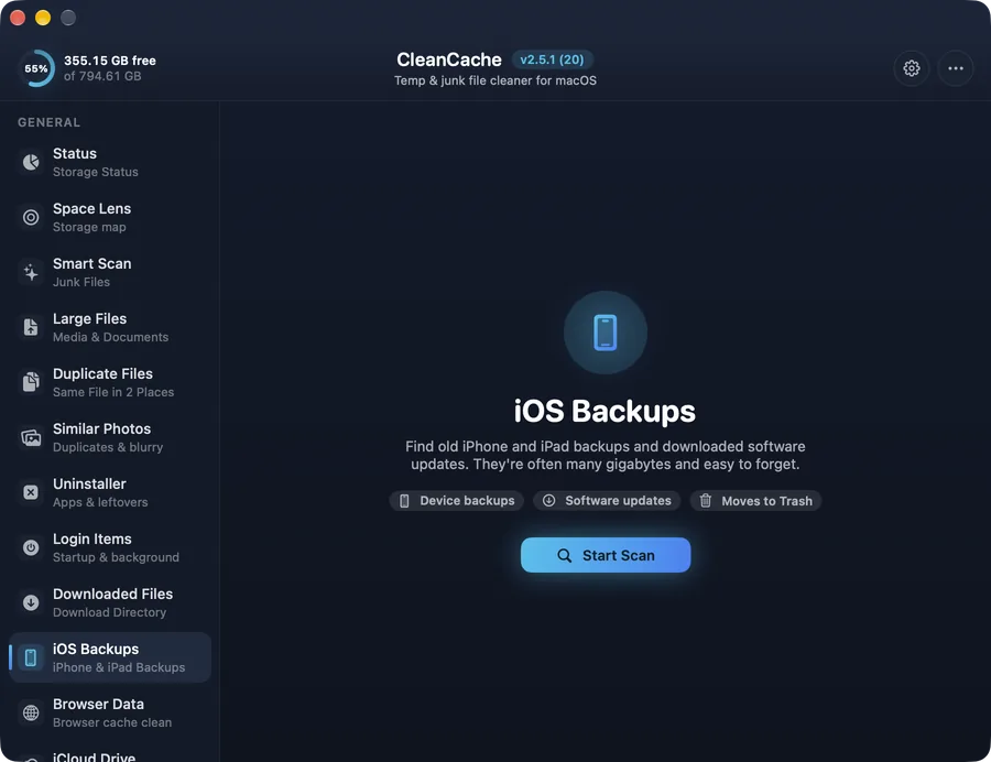 iOS Backups in CleanCache for Mac