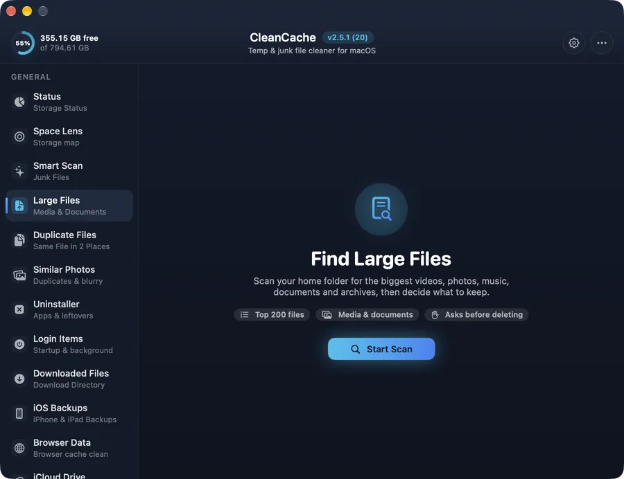 Large & Old Files in CleanCache — The 200 biggest files in your home folder, with filters and “not used in” dates.