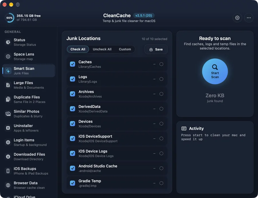 Smart Scan in CleanCache — One scan finds caches, logs and temporary files that apps leave behind.