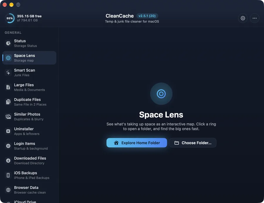 Space Lens in CleanCache — An interactive map of your disk — click a ring to dive into any folder.