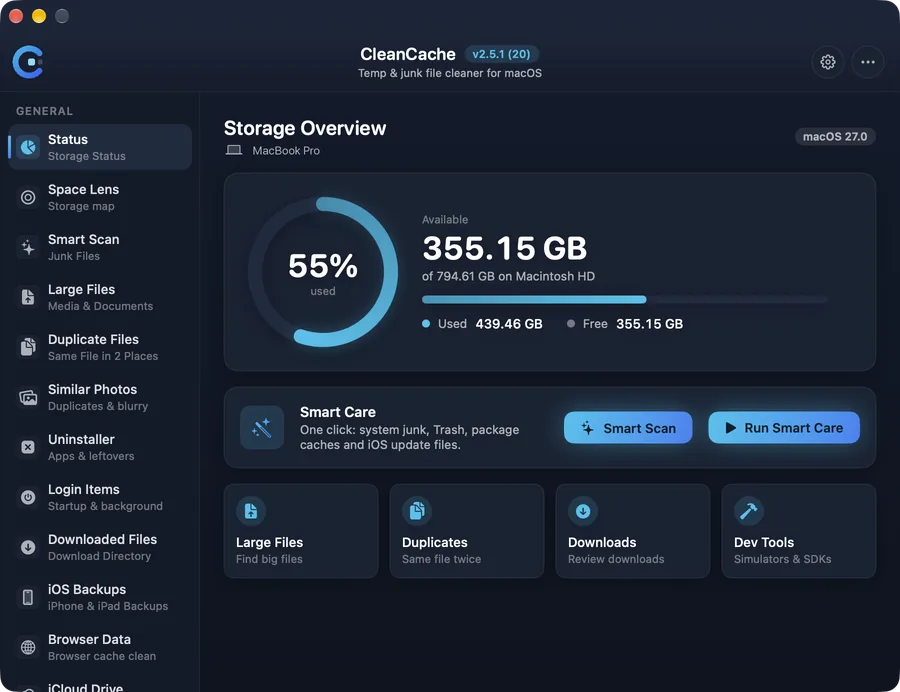 CleanCache storage overview showing free space, Smart Care and quick tools