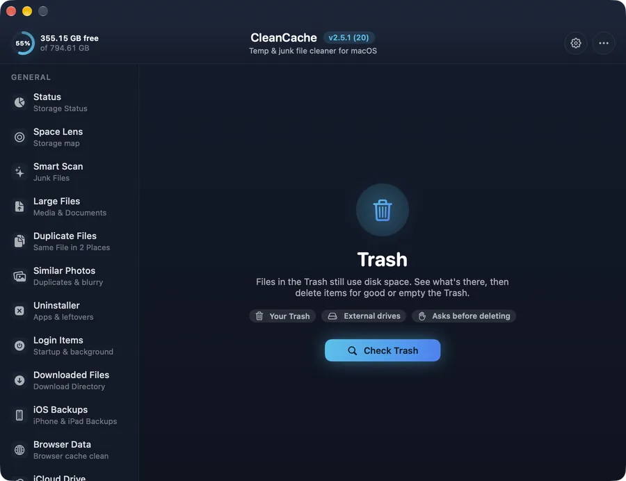 Trash & Downloads in CleanCache for Mac