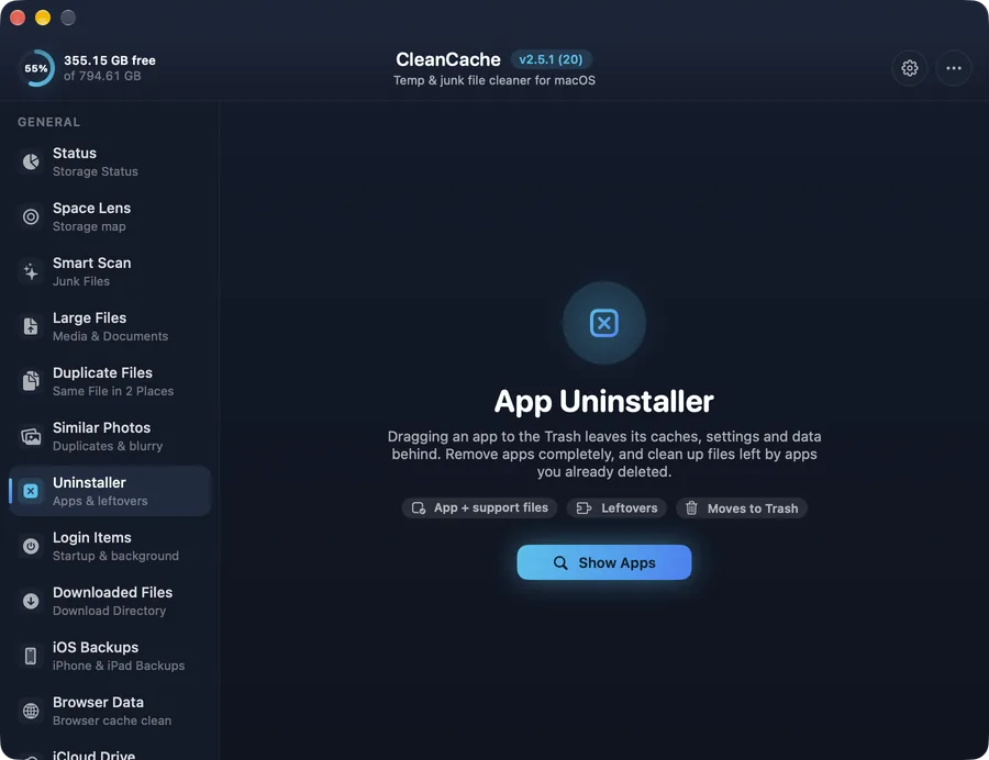 App Uninstaller in CleanCache — Removes an app together with its caches, preferences and support files.